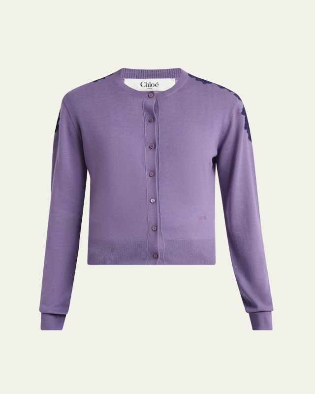 Guipure Lace-Trim Crewneck Knit Cardigan